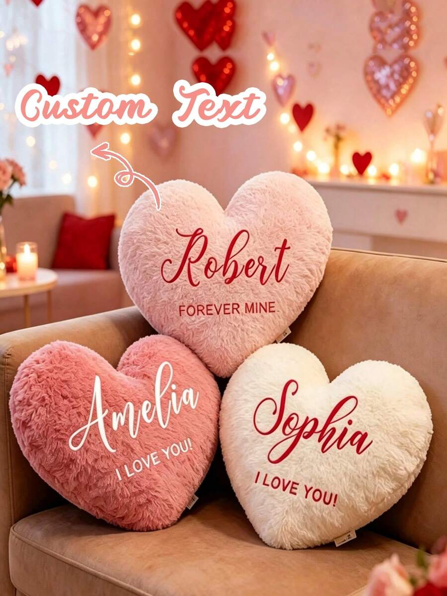 Personalized Heart-Shaped Plush Pillow With Name, Fluffy Heart Cushion With Custom Text, Romantic Decorative Pillow For Sofa, Personalized Valentine's Day Gift For Couples - Multicolor - View 1