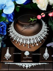 1 Set Elegante Floral de Zirconia Pesada de 4 Piezas, Accesorios de Vestido para Negocios, Gala Nocturna, Alfombra Roja, Pasarela y Ceremonia de Premiación - Plateado - Ver 7