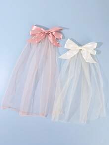 2/1pc Women's Handmade Beaded Pink Satin Ribbon Bow Mesh Veil Alligator Hair Clip, Minimalist Romantic Style, Suitable For High School Graduation Ceremony, Campus Prom, Wedding Party And Back To School Outfit - Multicolor - View 2