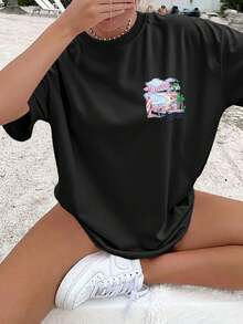 [Double-Sided Print] Women's Spring And Summer Clothing, Hawaiian Style, Surfboard And Palm Tree Design, Casual Vacation Fashion, Round Neck - Black - View 2