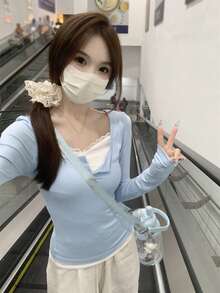 Atasan Kaos Wanita Kasual Model Korea Gaya Slim Fit dengan Patchwork Renda dan Lapisan Dalam 2 in 1 - Biru - View 4