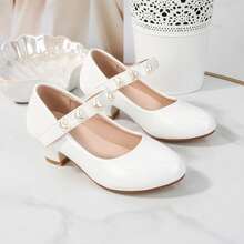 1雙女童瑪麗珍粗跟高跟鞋，純色休閒舞鞋，附綁帶、魔鬼氈開合與愛心裝飾 - 白色 - 查看 15