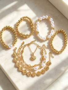 Juego de 7 piezas de pulseras de estilo vintage elegante y casual con perlas, concha y CCB dorado, adecuado para el uso diario de la mujer, ir al trabajo, vacaciones, citas y como regalo - Dorado - Ver 2