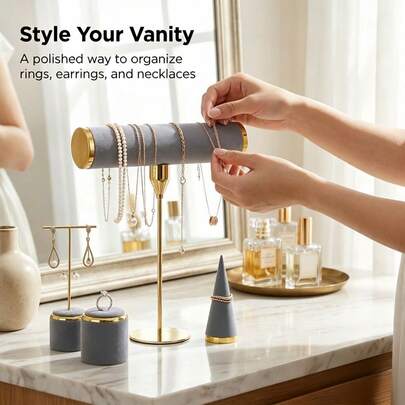 1pc Elevated Velvet & Gold Jewelry Display Kit, Multi-Style Jewelry Organizer Stand For Necklaces Earrings Rings, Ideal For Retail Shop, Home Vanity &