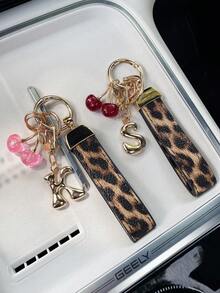 26 Letters To Choose From, Keychain Pendant, Creative Cherry Pendant, Leopard Print Pattern Key Strap, Car Keychain Pendant, Bag Decoration Pendant, Personalized Fashionable Key Matching. Key Accessories, Car Remote Control Decoration Pendant, Holiday Gift. - Letter - View 7
