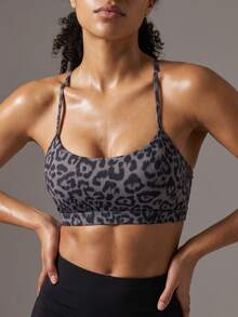 Soyun New Leopard Print Detachable Padded Camisole Bra Top, Fishbone Back Design Open Back Sports Style Summer - Grey - View 7