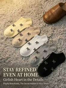 5Pairs Women's Sweet Bow Knot Simple Boat Socks, Invisible Socks, Casual Socks, Non-Slip Socks, Suitable For Daily Wear And Travel, Spring/Autumn/Summ - Multicolor - View 2