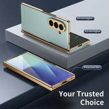 VIETAO 電鍍材質人造皮革全包覆手機殼，適用於 Galaxy Z Fold 7 6 5 4 8 Ultra Fold7 Fold6 Fold5 Fold4，附強化玻璃螢幕保護貼 - 青色 - 查看 5