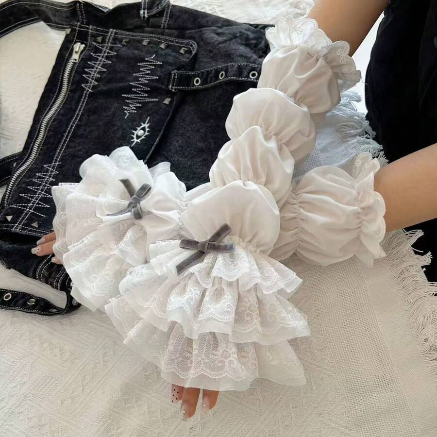 1對女款春夏蘿莉塔風 JK 甜美白色蕾絲時尚優雅復古可拆卸蝴蝶結層疊荷葉邊袖套 - A - 查看 1