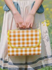 1pc Yellow & White Plaid Sand-Proof Picnic Mat, Orange Border, Foldable Durable Non-Woven Fabric, Suitable For Camping, Hiking And Outdoor Activities, Camping Essential, Plaid Pattern, Durable Canvas Material, Camping Accessory - Multicolor - View 5