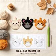[DIY Pixel Bead Crochet Kit]Pixel Curly Tail Cat Family Crochet Kit, Suitable For Adult Beginners Handmade Semi-Finished Kit. Includes Complete Tools (Random Color Accessories) And English Guide. No Bead Template Needed. Crochet To Get Pixel Style, Can Make Keychains - DIY Crochet Kit - View 6
