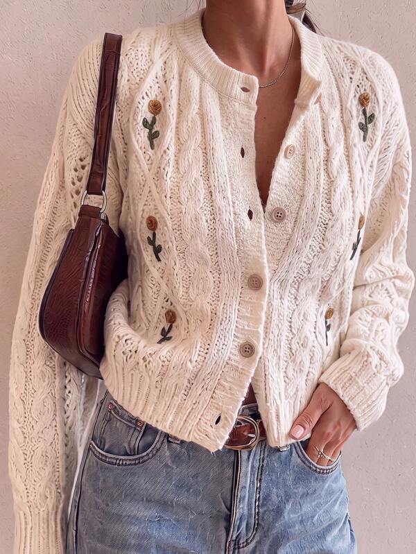 JIANHU Women's Cream Cable Embroidered Twist Knit Cardigan - Vintage Soft Button Sweater Top, Suitable For Autumn/Winter Layering And Holiday Gifts | Warm And Versatile, Suitable For Christmas, New Year Parties And Daily Wear