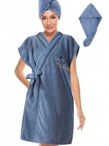 Embroidered Cartoon Short Sleeve SPA Bathrobe With Waist Tie, Adjustable Thick Soft Absorbent Bath Towel And Hair Drying Cap, Suitable For Home, Travel, Sauna, SPA - Multicolor - View 15
