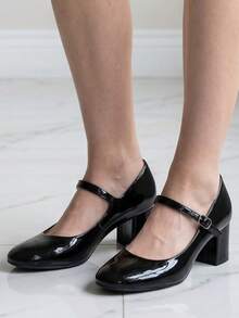 Sapatos femininos casuais confortáveis, bico redondo e salto alto, adequados para férias, escritório, casa, festa, feriado, várias ocasiões - Preto - Ver 3