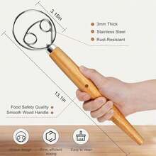 Manual Stainless Steel Batter Whisk, Stainless Steel Danish Dough Mixer, -Handheld Mixer And Batter Blender For Making Bread, Pastry And Pizza Dough-Manual Kitchen Baking Tool With Wooden Handle-Food Contact - View 4