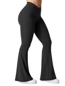 YEOREO Flare Scrunch Leggings For Women V Cross Waist Bell Bottom Yoga Pants 31.5" Tummy Control Bootcut Butt Lifting Workout Winter Leggings - 黑色 - 查看 7