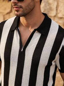 ALTZTAR Hollow Out Breathable Striped Knit Polo Shirt For Men - Black - View 4