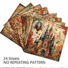 24pcs 6*6 Inch Vintage Magic Fairy Tale Castle Theme Scrapbook/Journal Paper, Suitable For Collage, Origami And Journaling Materials, DIY Paper, Handmade Scrapbook, Bullet Journal, Greeting Cards, Gift Wrapping - Square - View 5