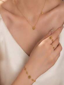 1 set Collier en acier de titane fleur de camélia + 1 bracelet + 2 bagues, ensemble de bijoux élégants fleur de camélia pour porter en couches collier, bague, bracelet - Doré - Voir 1