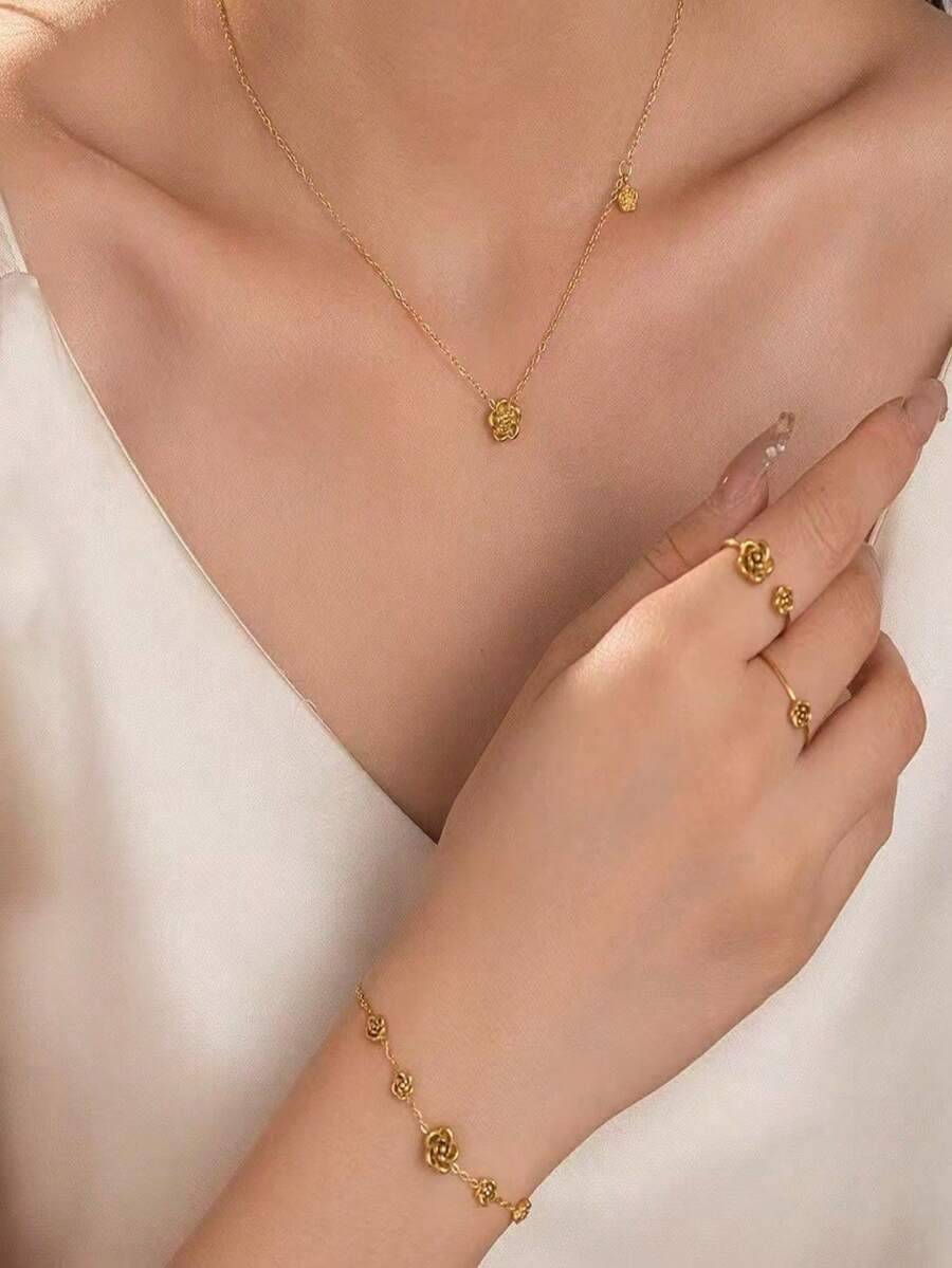 1 set Collier en acier de titane fleur de camélia + 1 bracelet + 2 bagues, ensemble de bijoux élégants fleur de camélia pour porter en couches collier, bague, bracelet - Doré - Voir 1