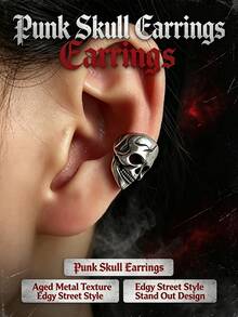 Vintage Punk Skull Ear Clips, No Piercing Required, Antique Silver Gothic Skull Clip Earrings, Unisex Non-Pierced Ear Jewelry, Suitable For Halloween Cosplay, Rock Party And Daily Street Wear, Ideal Holiday Gift - Multicolor - View 1