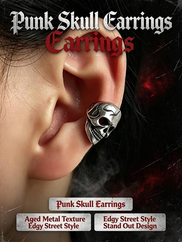Vintage Punk Skull Ear Clips, No Piercing Required, Antique Silver Gothic Skull Clip Earrings, Unisex Non-Pierced Ear Jewelry, Suitable For Halloween Cosplay, Rock Party And Daily Street Wear, Ideal Holiday Gift