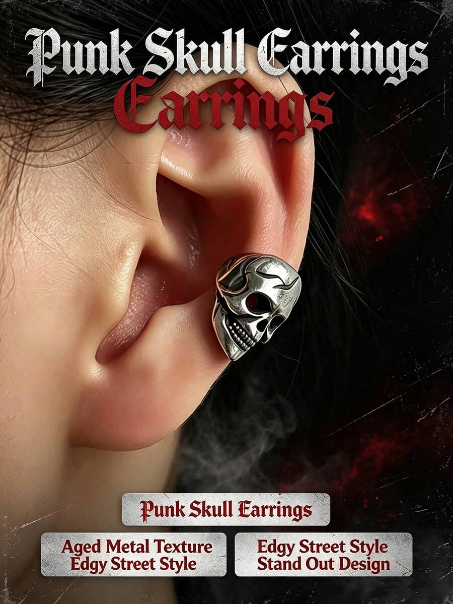 Vintage Punk Skull Ear Clips, No Piercing Required, Antique Silver Gothic Skull Clip Earrings, Unisex Non-Pierced Ear Jewelry, Suitable For Halloween Cosplay, Rock Party And Daily Street Wear, Ideal Holiday Gift - Multicolor - View 1