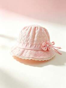1pc Customizable Embroidered Name Sun Hat/Bucket Hat, Bow & Flower Decor, White/Pink, Suitable For Daily Commute, Vacation, Beach Travel And Various Occasions - Multicolor - View 3