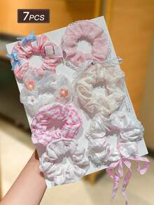 14/7pcs Women's Floral Print Lace Trim Scrunchies, Pink Hair Ties, Blue Hair Ties, Bow Ribbon Hair Ties, High Elasticity, Sweet And Cute Style, Suitable For Daily Hairstyles, Women's Hair Accessories. Perfect For Casual Wear, Shopping, Campus, Dating, Party, Travel And Vacation. Great For Photo Atmosphere. - Multicolor - View 13
