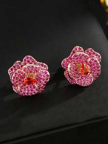 1 Pair Vintage Rhinestone Rose Flower Elegant Earrings For Women, Fashionable And Versatile - Red - View 4
