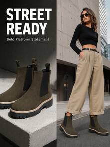 Autumn/Winter New Green Suede Thick Sole Chelsea Ankle Boots, Slouchy Slip-On Design Height-Increasing Platform Boots, Wear-Resistant Non-Slip Rubber Outsole Street Style Versatile Cylinder Boots - Green - View 6