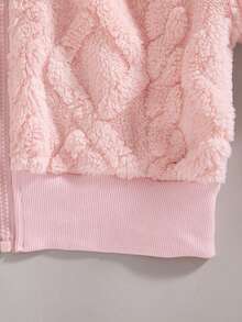 Girls' Casual Fashion Solid Color 3D Embossed Fuzzy Hooded Short Jacket And Straight Leg Pants 2 Pieces Set, Autumn/Winter - Pink - View 6