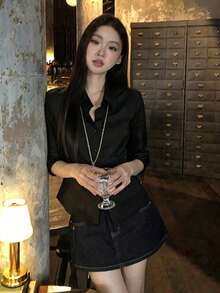 女款法式風格高級奢華青春優雅襯衫 黑色 - 黑色 - 查看 4