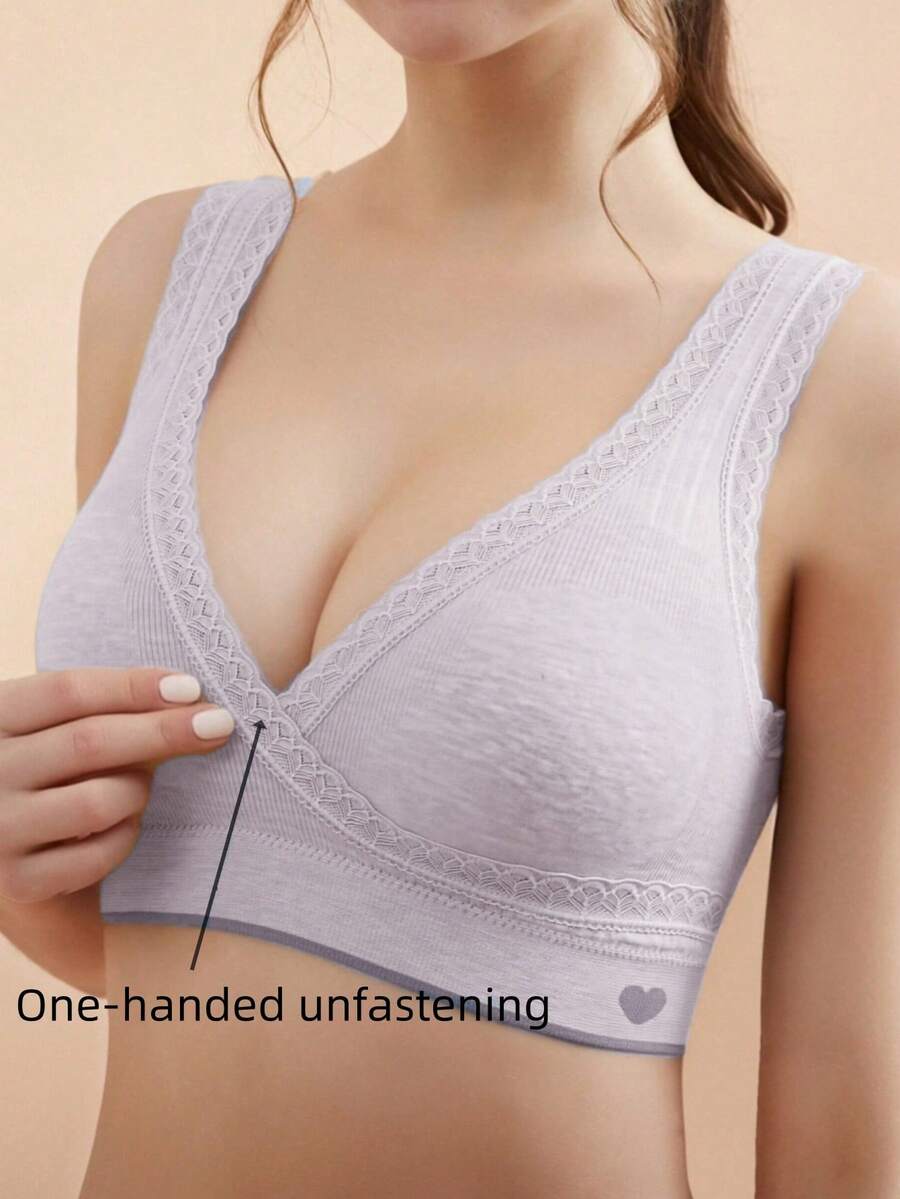1pc Maternity Bra With Lace Trim Crossover Nursing Wireless Seamless Breastfeeding Bra, Purple - Mauve Purple - View 1
