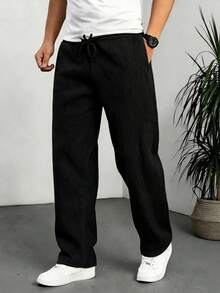 Pantalón casual de ajuste relajado con cordón para hombres - Negro - Ver 2