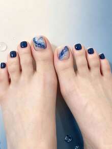 24pcs Short Navy Blue Wave Elegant Square Toenails + 1pc Jelly Glue + 1pc Nail File - Multicolor - View 1
