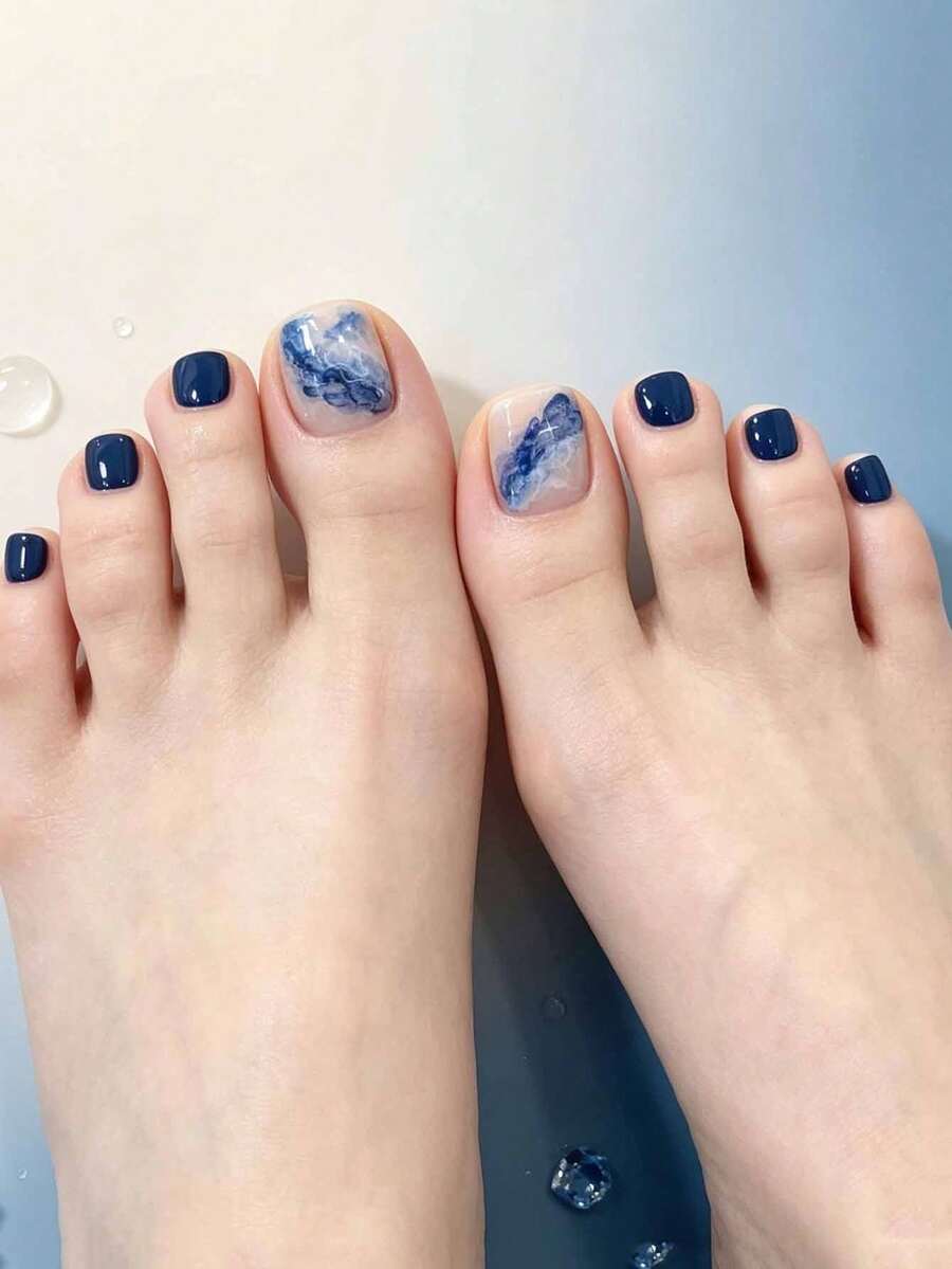 24pcs Short Navy Blue Wave Elegant Square Toenails + 1pc Jelly Glue + 1pc Nail File - Multicolor - View 1