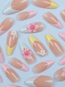 24片短杏仁形夏季假指甲，粉藍黃三色法式波浪裝飾3D花朵，合金壓克力可穿戴凝膠美甲套組（含1片果凍膠與1片指甲锉），適合女性日常佩戴、約會與派對 - 彩色 - 查看 4