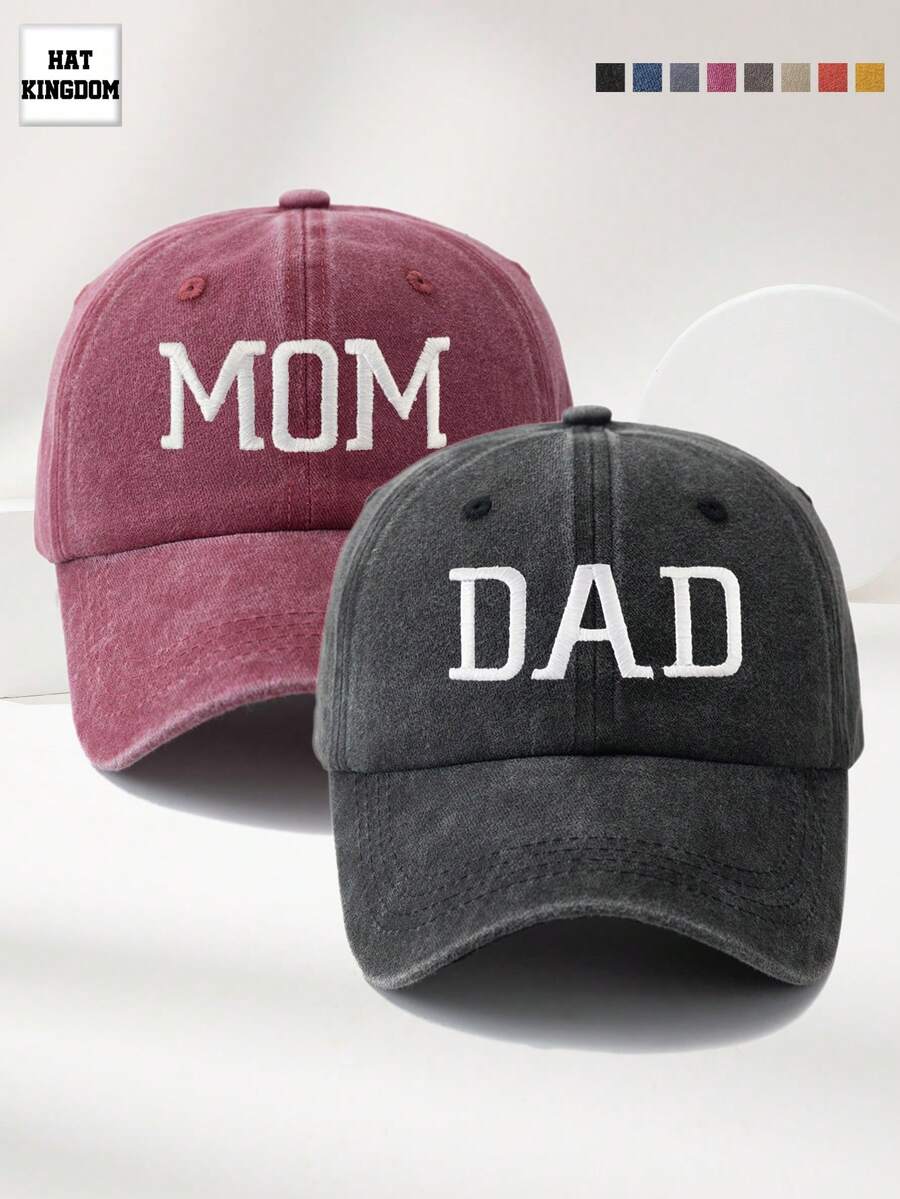 2件組「Dad & Mom」印花棒球帽,復古水洗尖頂帽,中性可調節輕量防曬帽,度假禮物,父母理想選擇,卡車司機帽女款棒球帽女帽寬邊帽 - A - 查看 1