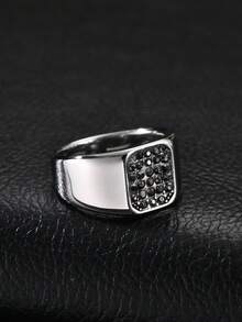 1pc Vintage Black Zirconia Stainless Steel Cast Ring For Men, Punk, Gothic Style, Jewelry Accessory, Daily Wear - Silver - View 3
