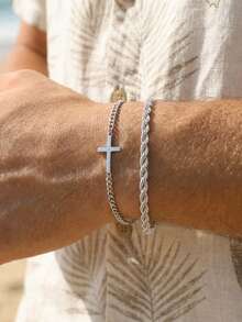 Men's 2-Piece Stainless Steel Cross Bracelet Set, Minimalist Cross Pendant With Classic Twisted Chain, Durable Silver-Tone Wristband, Suitable For Casual Everyday Style - Silver - View 2