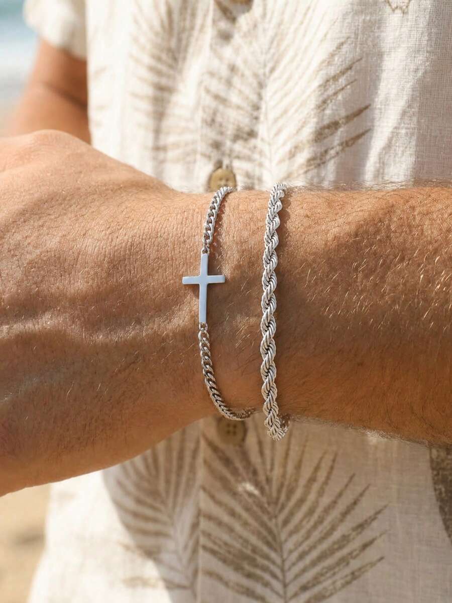 Men's 2-Piece Stainless Steel Cross Bracelet Set, Minimalist Cross Pendant With Classic Twisted Chain, Durable Silver-Tone Wristband, Suitable For Casual Everyday Style