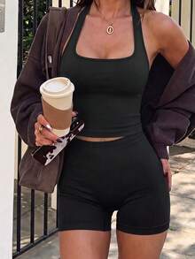 2pcs Tank Top & Shorts Set, Waist Shaping & Butt Lifting, Suitable For Yoga, Outdoor, Gym - Black - View 4