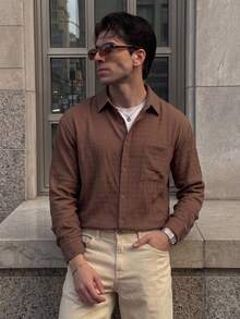 Lookun Men's Textured Crinkle Long Sleeve Polo Shirt, Loose Fit Vintage Solid Color Single Pocket Casual Shirt, Spring/Autumn Layering Versatile Long Sleeve - Brown - View 2