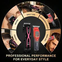HIENA Juego de 2 piezas de cortadora de pelo profesional, juego de recortadora inalámbrica en forma de X en negro dorado & negro rosa, pantalla digital LED de batería, carga rápida Tipo-C, cuchillas de acero al carbono afiladas, 8 peines limitadores & juego completo de accesorios de capa de barbero, larga duración de batería para salón y hogar, corte de pelo degradado - Multicolor - Ver 9