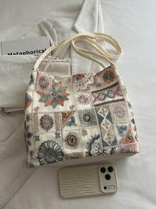 2026新款女式新中式刺繡肩背包 百搭斜挎水桶包 - 米色 - 查看 9