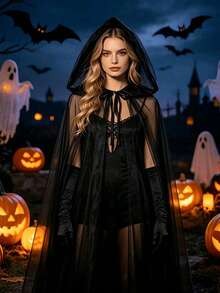 Halloween Cosplay Veil Witch Mesh Cape Grim Reaper Set With Hooded Vampire Cloak And Gloves - Multi-color - View 3