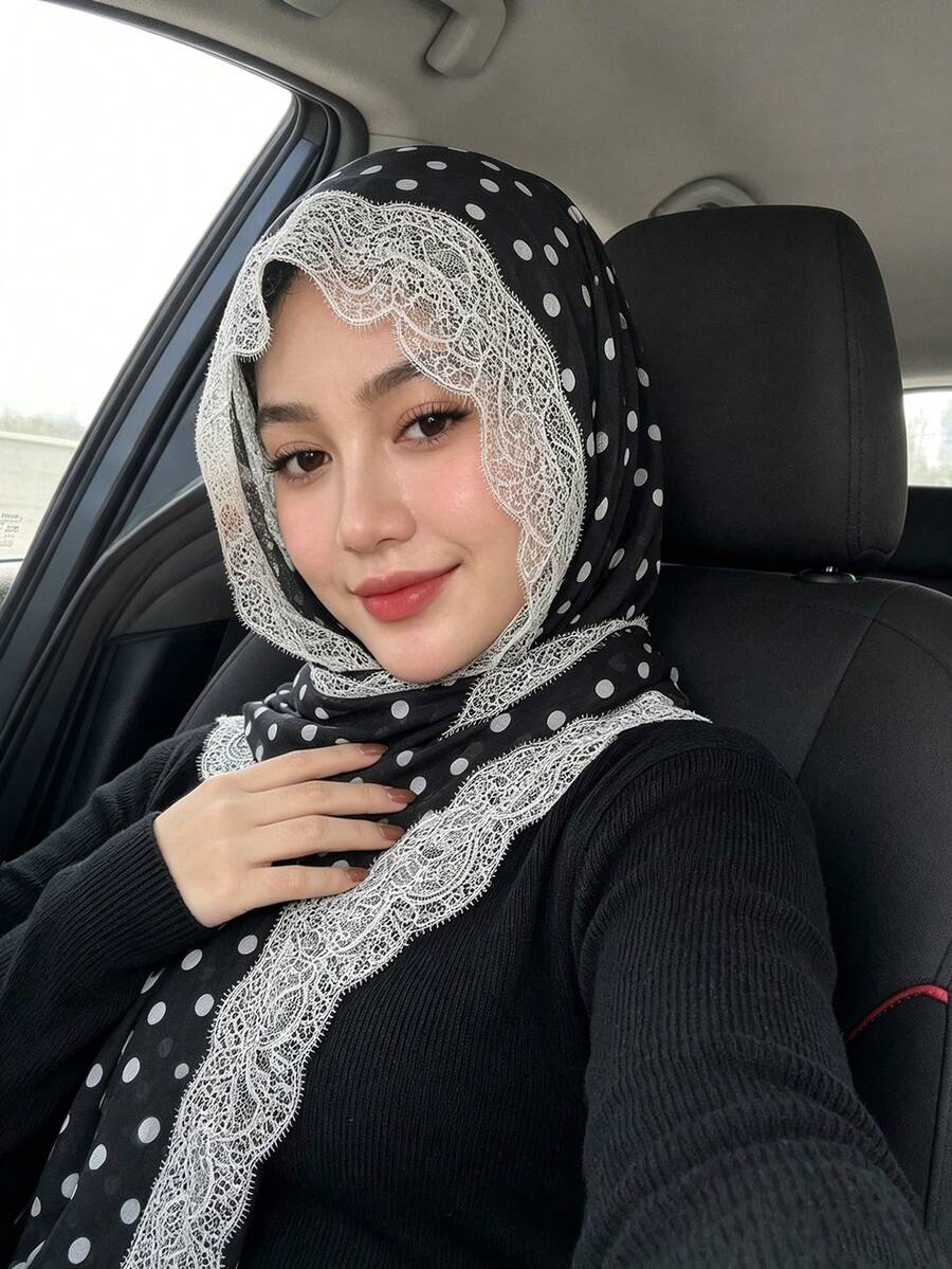 1件女款時尚蕾絲飾邊圓點印花頭巾,高級數位印花雪紡長圍巾,輕盈透氣四季通用日常穿搭 - 蕾絲邊-黑色波點 - 查看 1