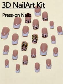 24pcs Rectangular French Leopard Print 3D Gold Butterfly Decor Sweet Cool Y2K Style Nail Art Sticker Set, Includes Jelly Glue And Nail File, Perfect For Women's Daily Wear, Afternoon Tea And Autumn/Winter Nail Art Nails - Multicolor - View 2