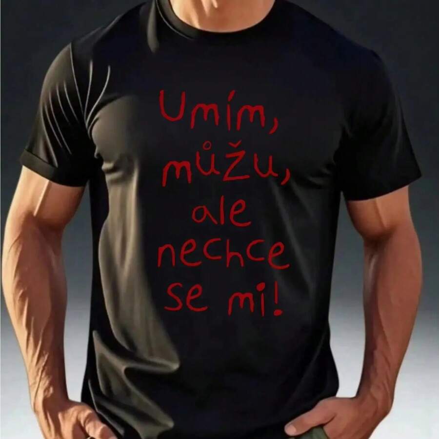 Men's Summer 100% Cotton Casual Fashion T-Shirt With Funny Czech Text Print, Loose Fit, Breathable, Round Neck, Short Sleeve - A2142-hei - View 1